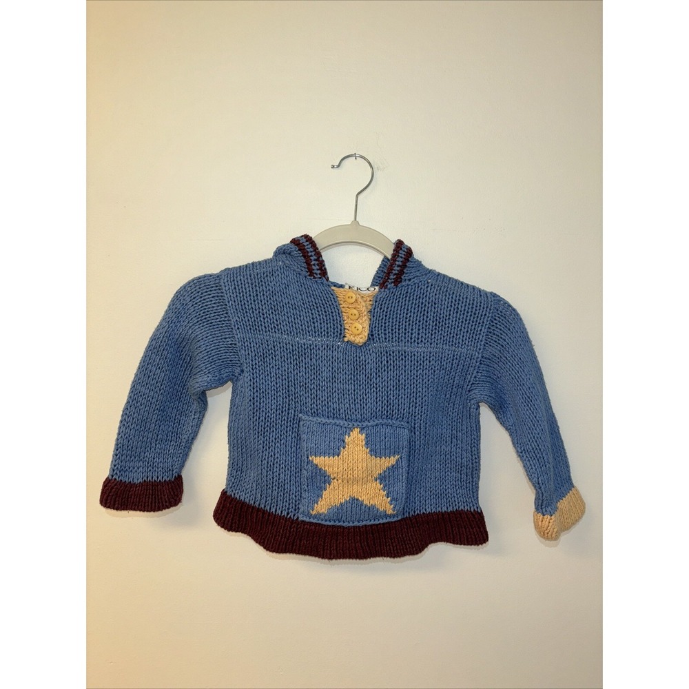 Rico Hand knits Children's Sweater Blue Star Boho Girls Or Boys Sz 4-5 100% Cott